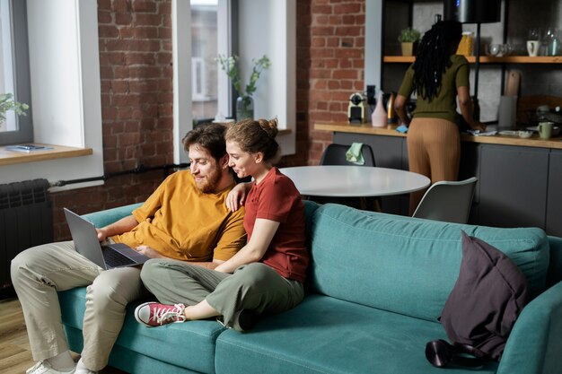 full shot people spending time at home