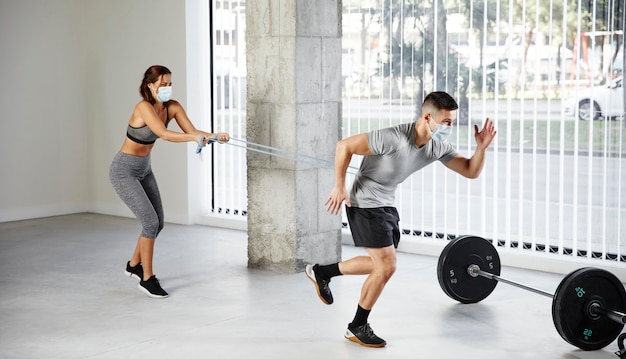 Full shot people training with medical masks