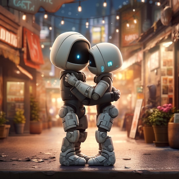 Free photo full shot robots hugging fantasy world