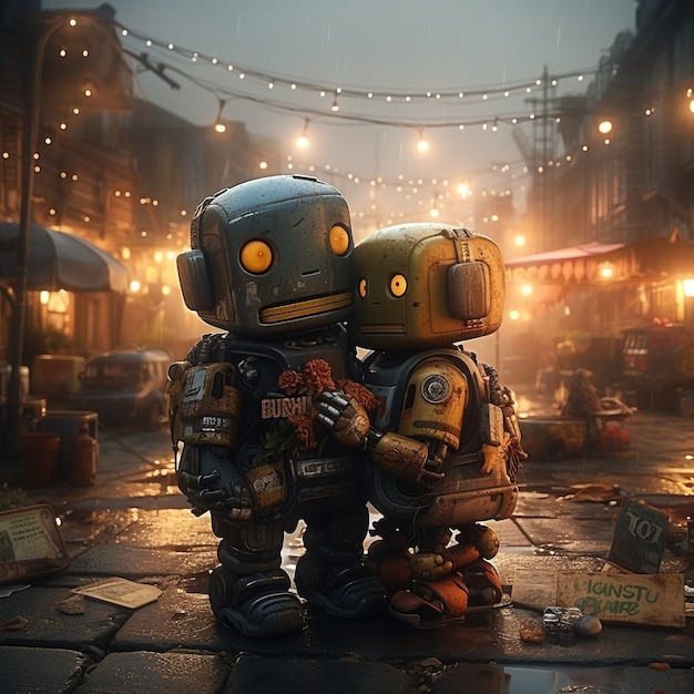 Full shot robots hugging fantasy world