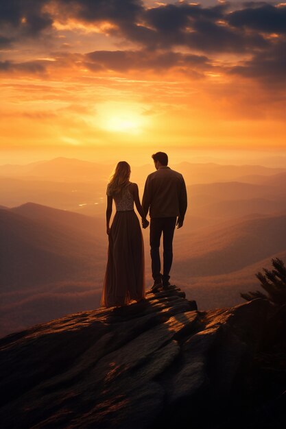 Full shot romantic couple hiking together