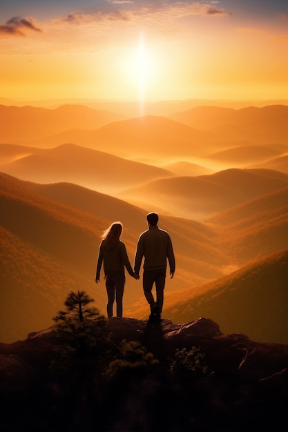 Full shot romantic couple hiking together