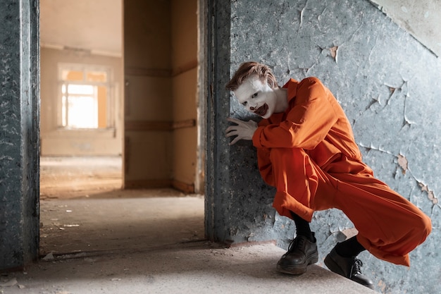 Бесплатное фото Полный выстрел страшный клоун в заброшенном здании