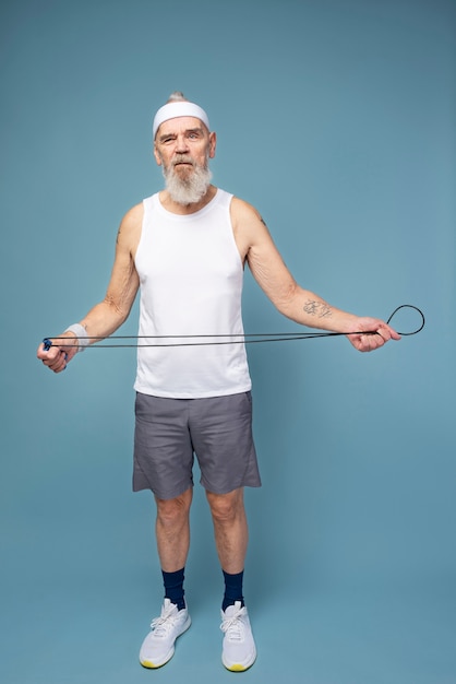 Free photo full shot senior man holding rope