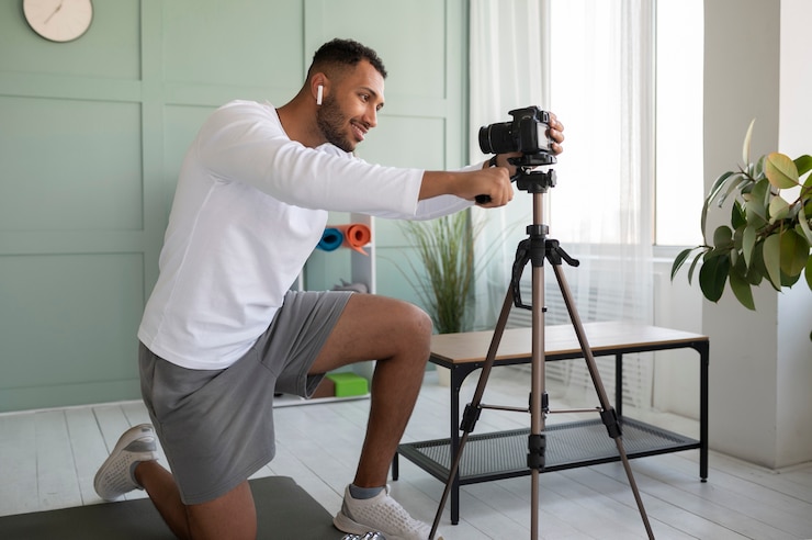 Free Photo full shot smiley man with video camera