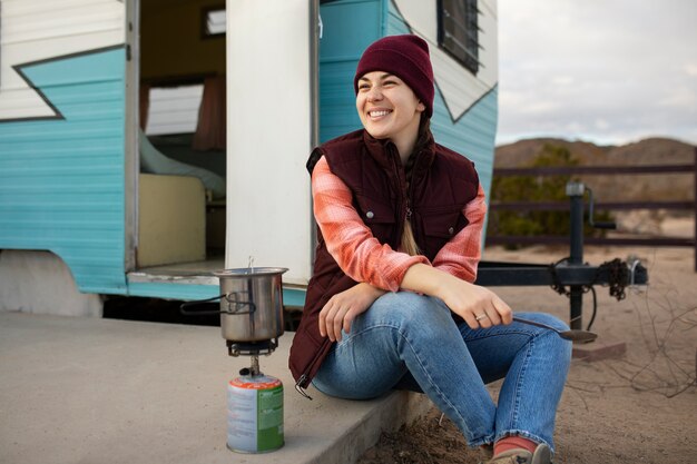 Full shot smiley woman outdoors