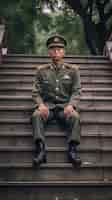 Free photo full shot soldier sitting on stairs