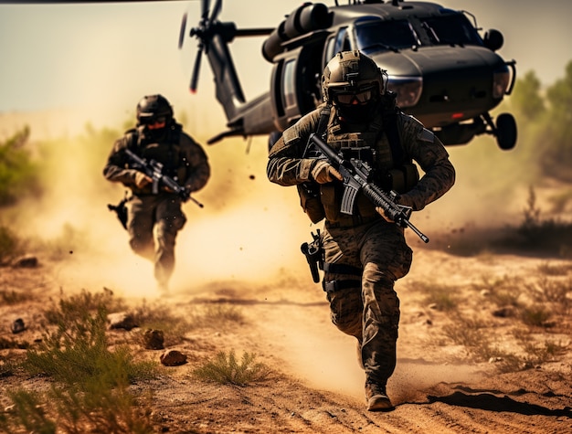 Free photo full shot soldiers fighting with helicopter