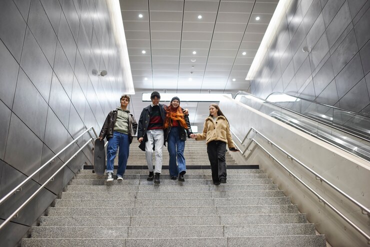 Free Photo full shot teens climbing down stairs