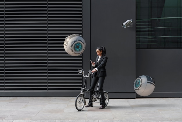 Free photo full shot woman on bicycle outdoors