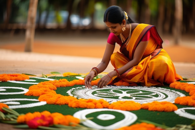 Full shot woman celebrating tamil new year