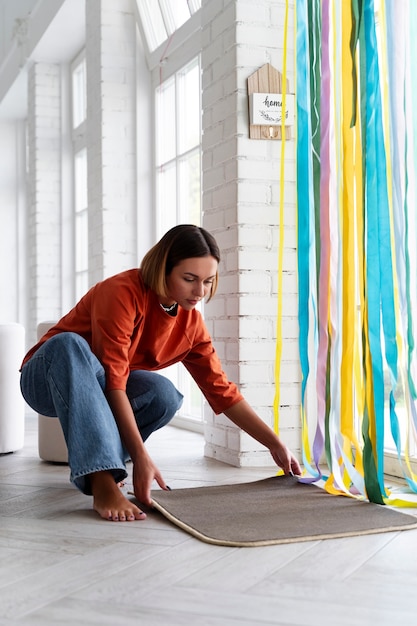 Full shot woman decorating front door