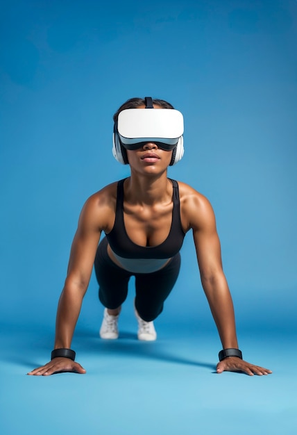 Free photo full shot  woman doing fitness with vr glasses