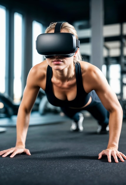 Free photo full shot  woman doing fitness with vr glasses