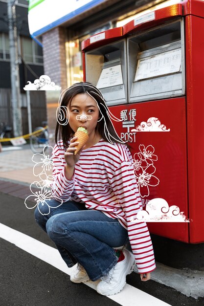 アイスクリームを食べるフルショットの女性