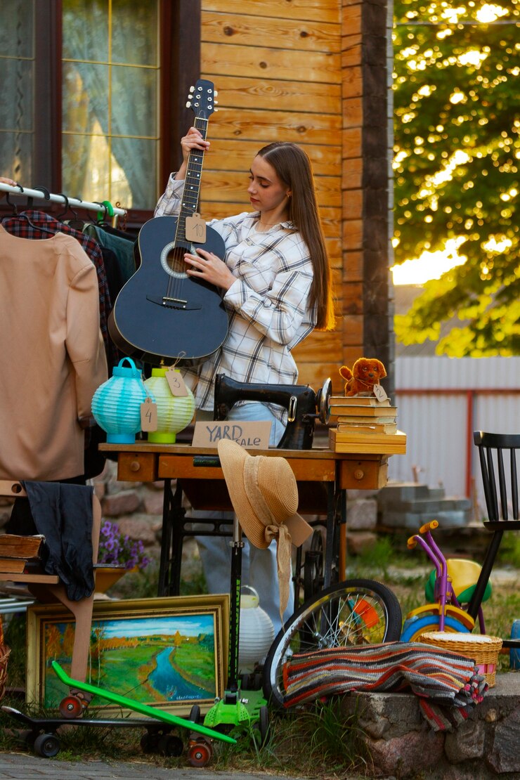 Free Photo full shot woman at garage sale
