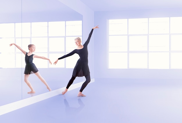 Free photo full shot woman and girl dancing ballet