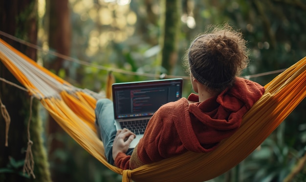 Free photo full shot woman in hammock working