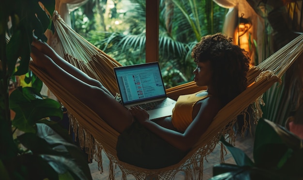 Full shot woman in hammock working