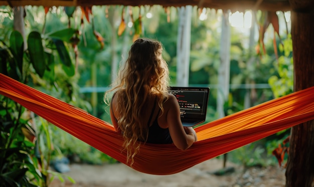 full shot woman in hammock working