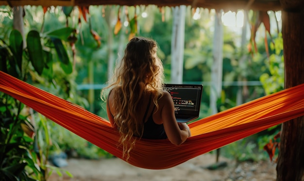 Free photo full shot woman in hammock working