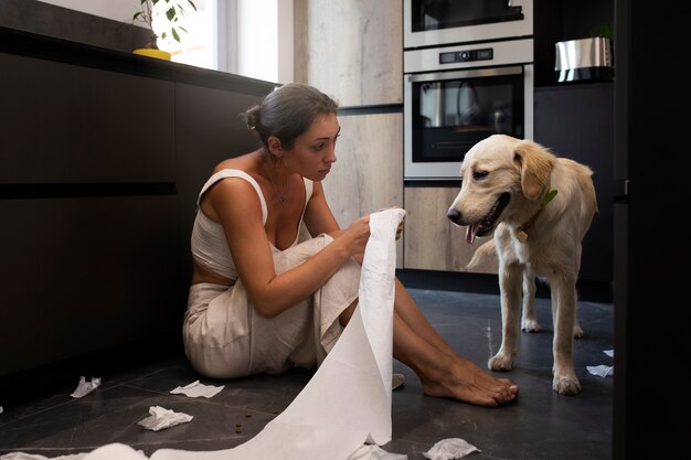 Full shot woman holding paper roll