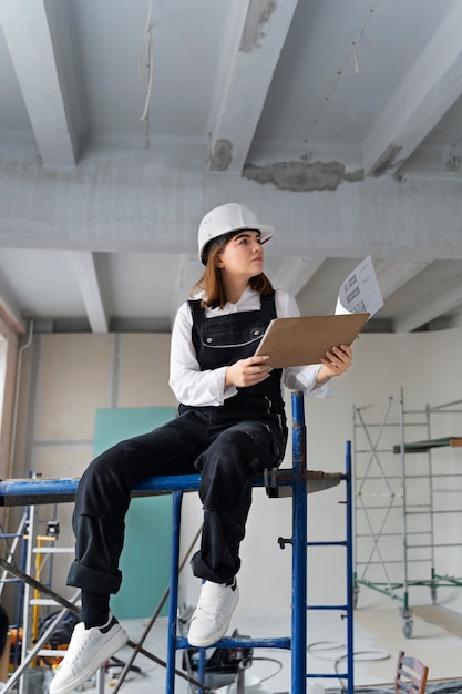 Full shot woman holding plans