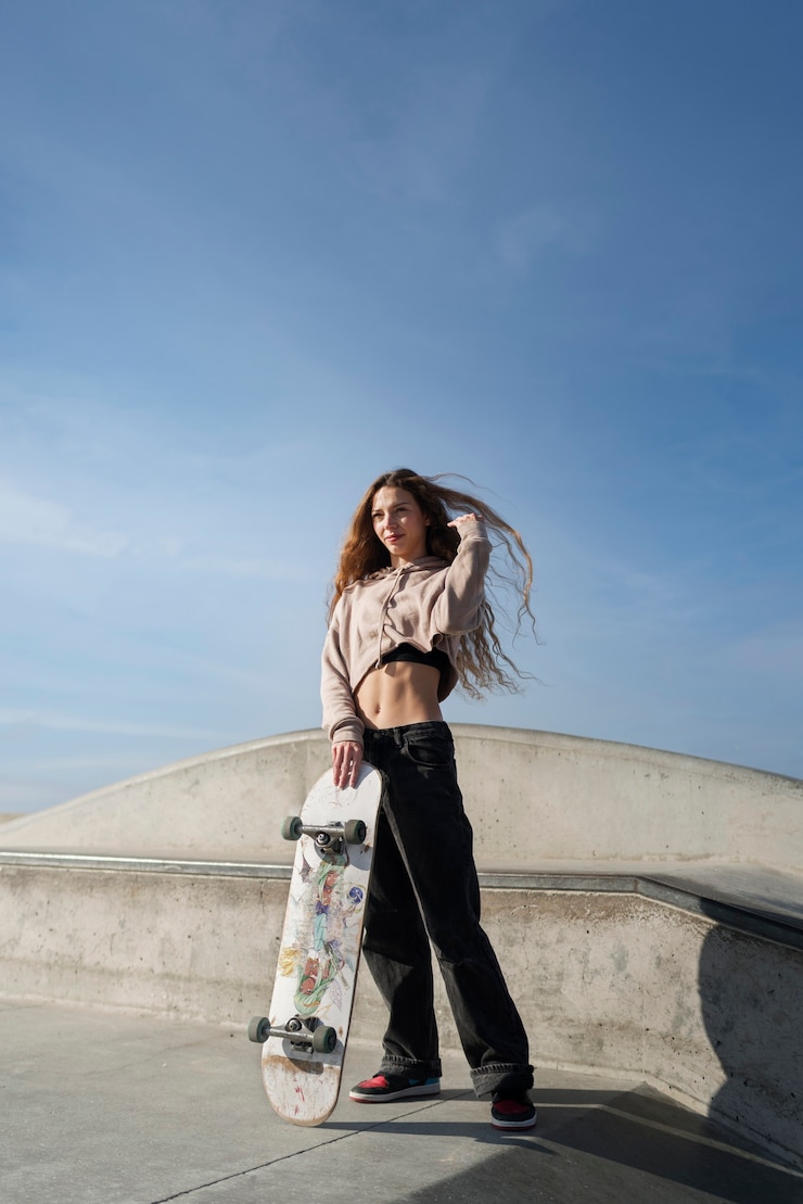Free Photo full shot woman holding skateboard