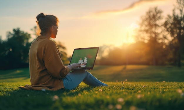 Foto gratuita donna a figura intera che vive come nomade digitale