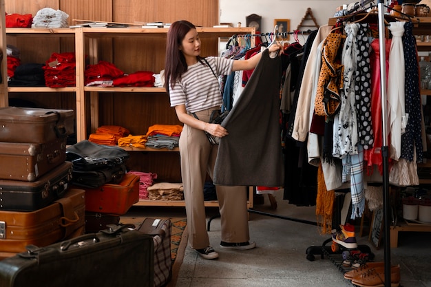 Free photo full shot woman looking at clothes