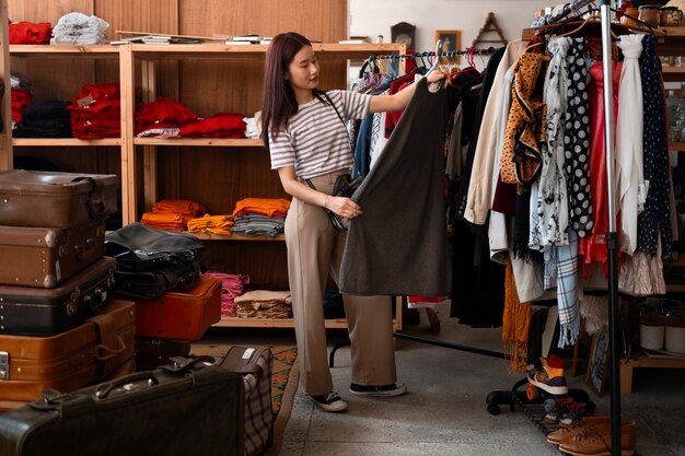 Full shot woman looking at clothes