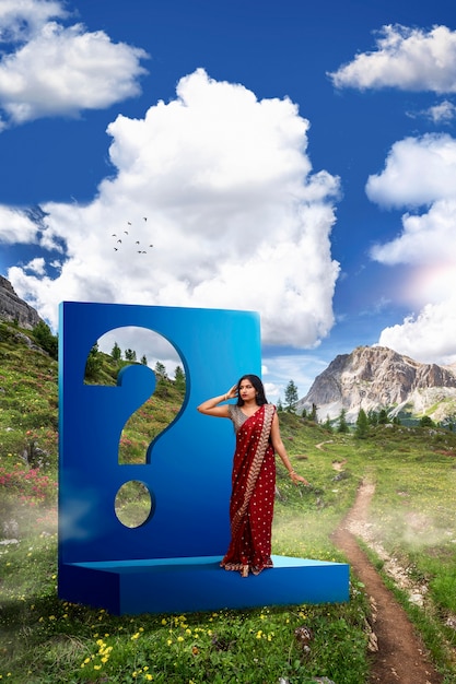 Free photo full shot woman on meadow with question mark