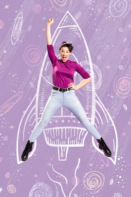 Free photo full shot woman posing with hand drawn background