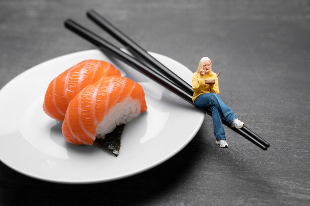 Full shot woman posing with sushi