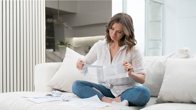 Full shot woman reading papers