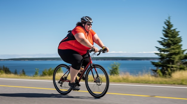Full shot woman riding bike outdoors