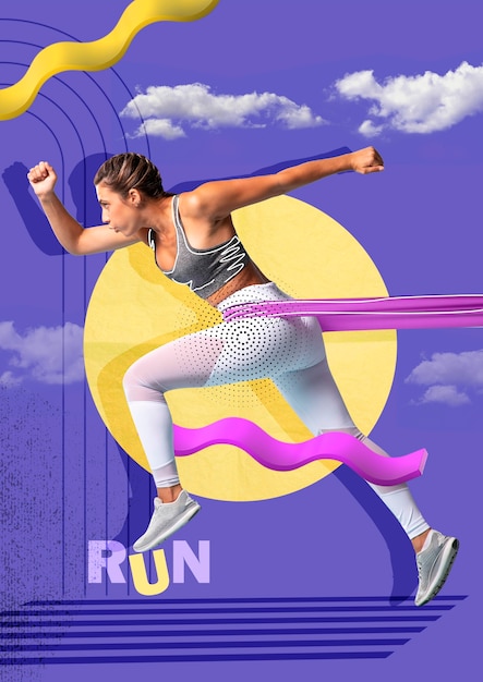 Full shot woman running with elastic band