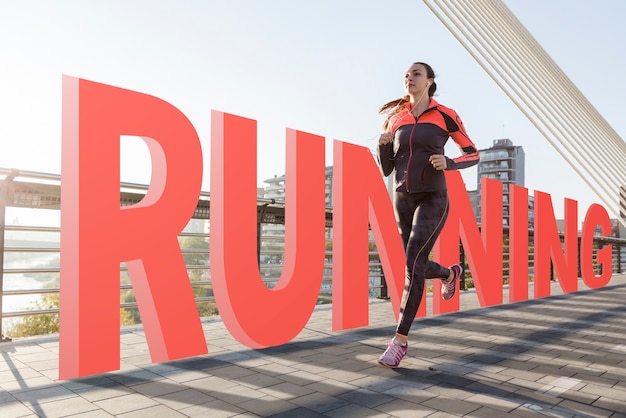 Full shot woman running with wavy texts