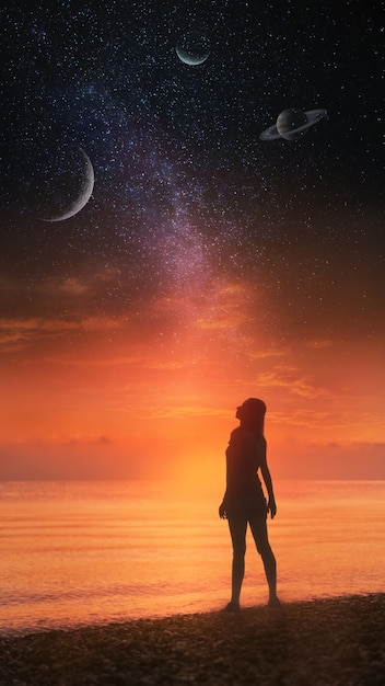 full shot woman at seaside astral wallpaper