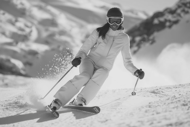 Free photo full shot woman skiing monochrome