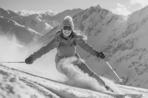 Free photo full shot woman skiing monochrome