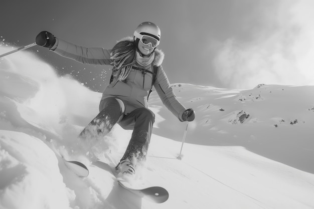 Free photo full shot woman skiing monochrome