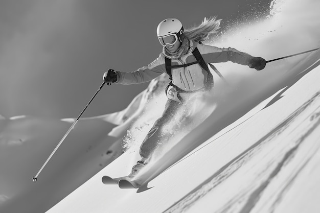 Free photo full shot woman skiing monochrome