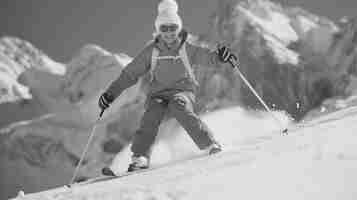 Бесплатное фото Полный кадр женщины на лыжах монохромный