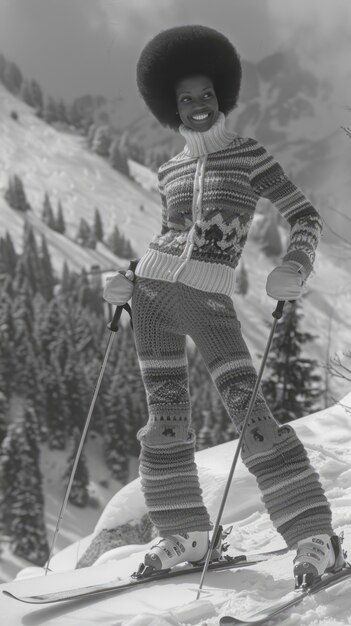 モノクロムでスキーをしている女性