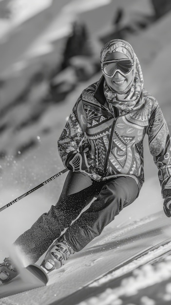 Full shot woman skiing monochrome
