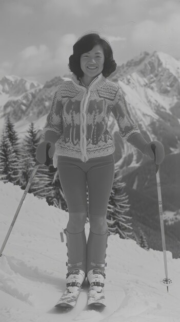 Free photo full shot woman skiing monochrome