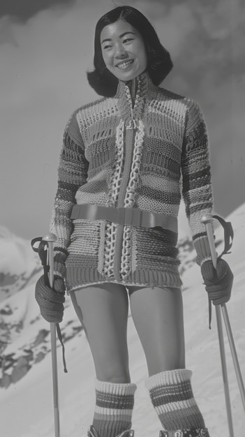 Free photo full shot woman skiing monochrome