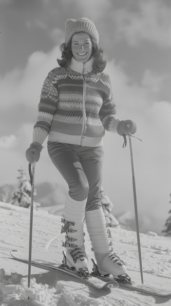 Full shot woman skiing monochrome