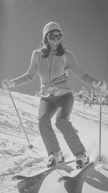 Free photo full shot woman skiing monochrome